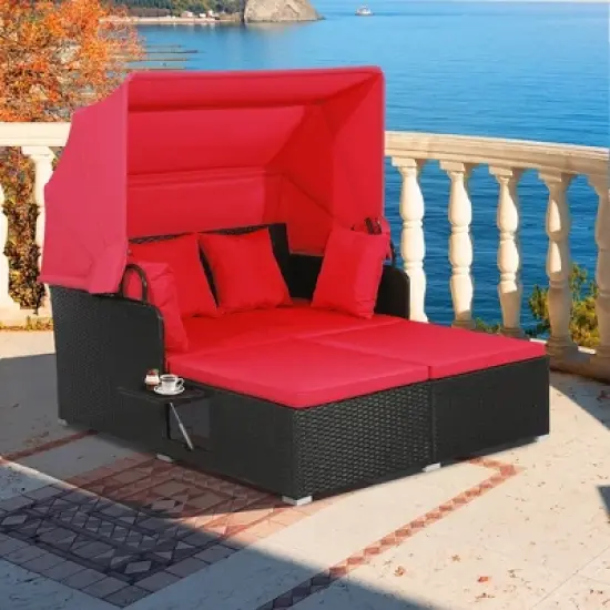 Tangkula Patio Hand-Woven PE Wicker Daybed Outdoor Loveseat Sofa Set w/ Red Cushions image {2}