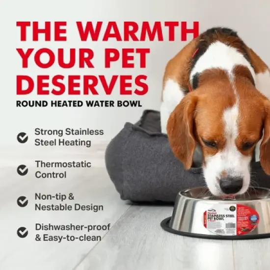 API 5 Quart Stainless Steel Thermostatically Controlled Nestable Heated Pet Bowl with Non-Tip Design and 6 Foot Anti-Chew Cord, Silver image {2}