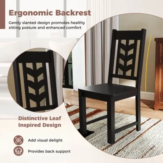 Costway Dining Chair Set of 2/4 with Rubber Wood Frame & Leaf-shape High Back for Kitchen Brown/Black/Cream White image {5}