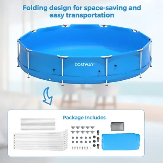 Costway Round Above Ground Swimming Pool Patio Frame Pool W/ Pool Cover Iron Frame image {5}