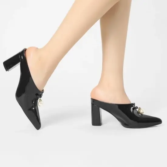 Allegra K Women's Pointed Toe Pearl Bow Chunky Heel Slides Mules image {1}