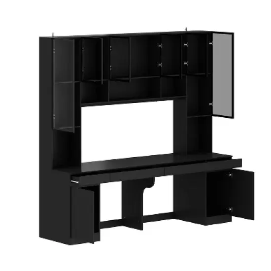 Famapy Black Spacious Double Desk Workstation Light Strips USB Ports image {12}