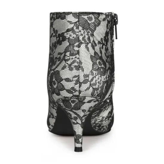 Allegra K Women's Pointed Toe Lace Up Stiletto Kitten Heel Lace Booties image {2}