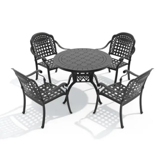 5-Piece Cast Aluminum Outdoor Dining Set with Blue Cushions, Round Table & Stackable Chairs - for Patio, Backyard image {2}