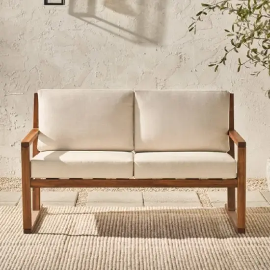 Saracina Home Modern Slat -Back Acacia Outdoor Bench with Cushions
 image {2}
