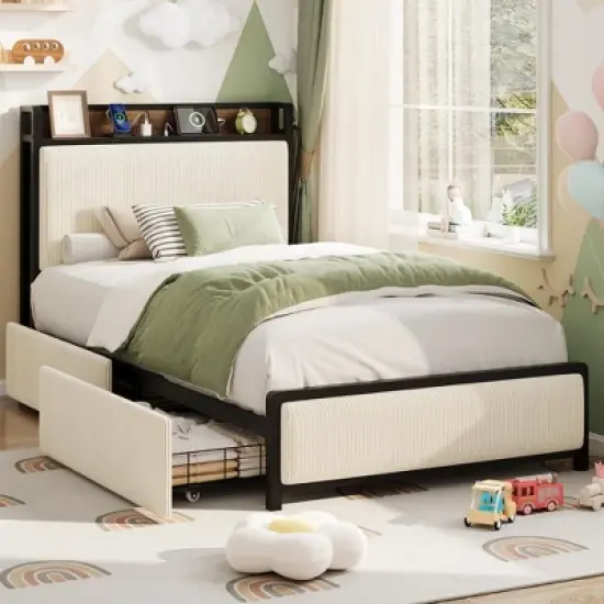 Bed Frame with 2 Storage Drawers and Charging Station, Rustic Velvet Upholstered Platform Bedframe with Storage Headboard, No Box Spring Needed image {7}