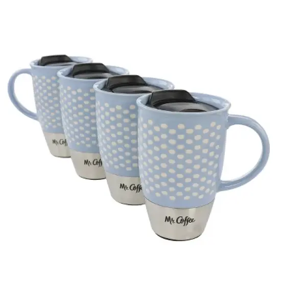 Mr. Coffee Coupleton Dot 4 Piece 15 Ounce Stoneware and Stainless Steel Travel Mug Set with Lid in Blue image {5}