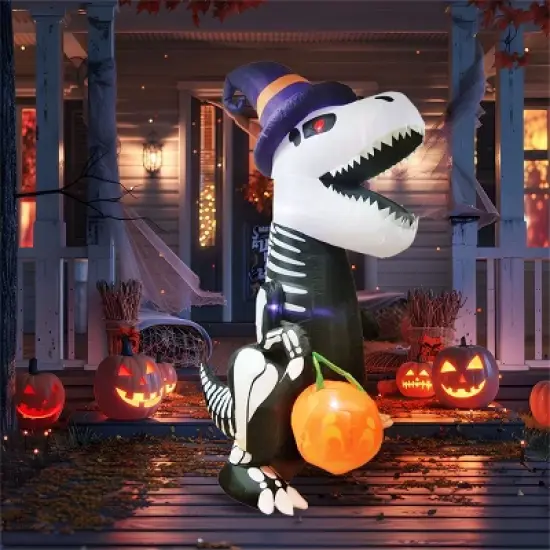 Joyfy 8 FT Halloween Inflatable Outdoor Decorations, Inflatable Skeleton Dinosaur with Pumpkin for Halloween Outdoor Yard Garden Lawn Decorations image {9}