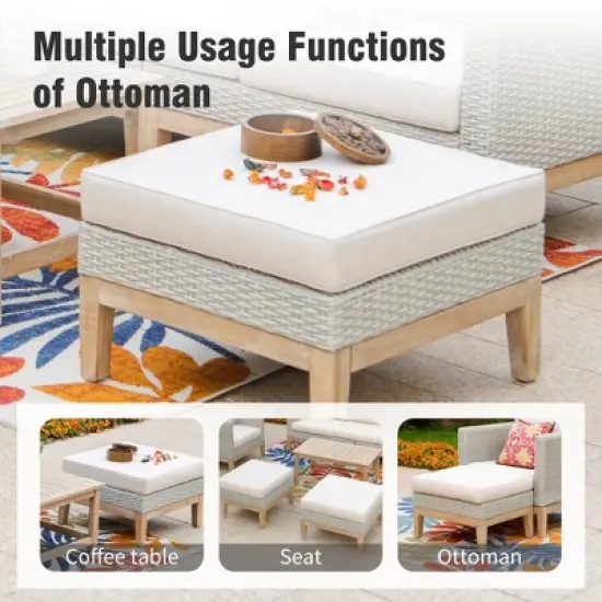 Captiva Designs 5pc outdoor patio wicker rattan cushioned conversation set with armchairs, ottomans and solid wood table image {4}