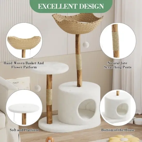 Modern Cat Tree with Natural Solid Wood Scratching Post, 110cm Multi-Layer Cats Tower image {1}