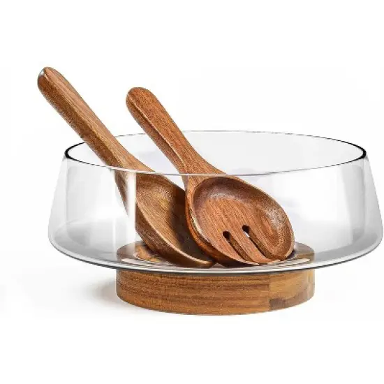 BRINJOY Extra Large Glass Salad Bowl Set - Party Salad Bowls with Acacia Wood Base and Serving Utensils - Elegant and Practical Kitchen Must-Have image {6}