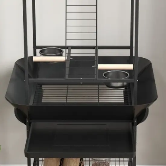 PawHut Bird Stand with Wheels, Perches, Stainless Steel Feed Bowls, Pull-Out Tray, Toy Hanger for Indoor Outdoor Small Parrot, Dark Gray image {4}