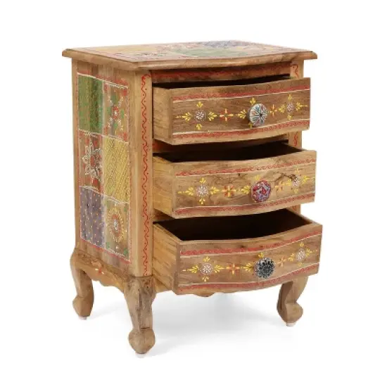 Ailey Handcrafted Boho Mango Wood 3 Drawer Nightstand Natural - Christopher Knight Home image {2}
