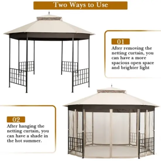 Costway 10'x12' Patio Gazebo Canopy Shelter Double Top Netting Sidewalls Beige image {8}