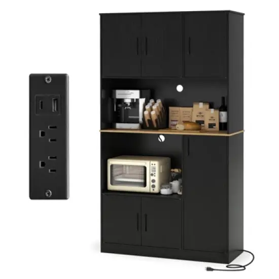 Costway 71" Tall Kitchen Pantry Cabinet with Charging Station Microwave Stand & Doors Black/White image {10}
