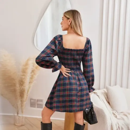Women's Chic Navy Plaid Square Neck Mini Dress - Cupshe image {3}