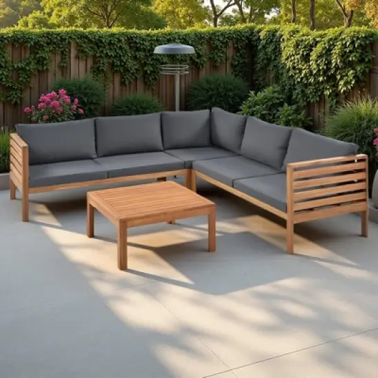 4-Pieces Outdoor Acacia Wood L-Shaped Sectional Sofa Set with Coffee Table image {12}