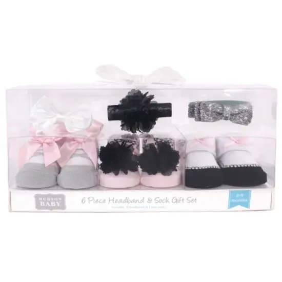 Hudson Baby Infant Girl Headband and Socks Giftset 6pc, Silver Ballet, One Size image {1}