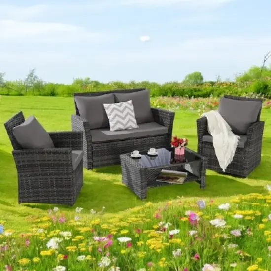 Mshliw 4-Piece Outdoor Patio Furniture Set, Garden Wicker Sofa with Tempered Glass Coffee Table, Poolside Lawn Chairs, Cushions, Modular Design image {17}