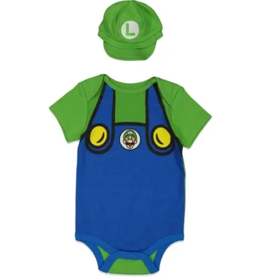 SUPER MARIO Nintendo Mario Luigi Baby Bodysuit and Hat Set Newborn to Infant image {8}