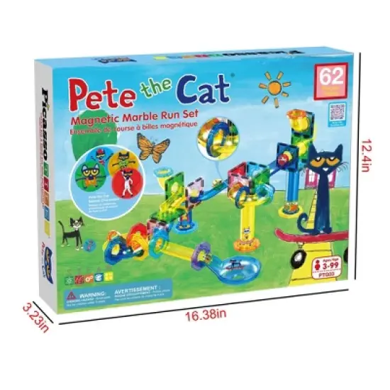 PICASSO-TILES Marble Run Magnetic Tiles for Kids, 62PCS Pete the Cat Theme, Construction Magnet Tiles Race Track Building Blocks STEM Toy image {6}