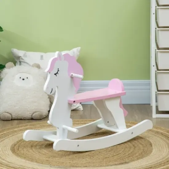 Qaba Little Wooden Rocking Horse Toy for Kids' Imaginative Play, Children's Small Baby Rocking Horse Ride-on Toy for Toddlers 1-3, Pink and White image {1}