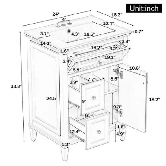 24"W Bathroom Vanity with Ceramic Sink, Bathroom Storage Cabinet with Flip Drawer, White/Black/Light Green/Blue Gray - ModernLuxe image {6}
