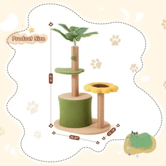 EROMMY 31.5" Cat Tree For Indoor Small Cats, Cute Sunflower Cat Tower, Scratching Post, And Leaf Platforms image {2}