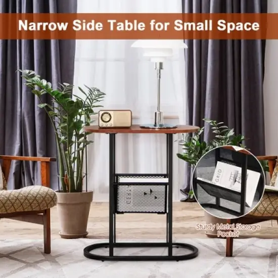Costway 2 PCS 2-tier Side Table Oval Narrow End Table Nightstand Bedside Table Brown image {7}