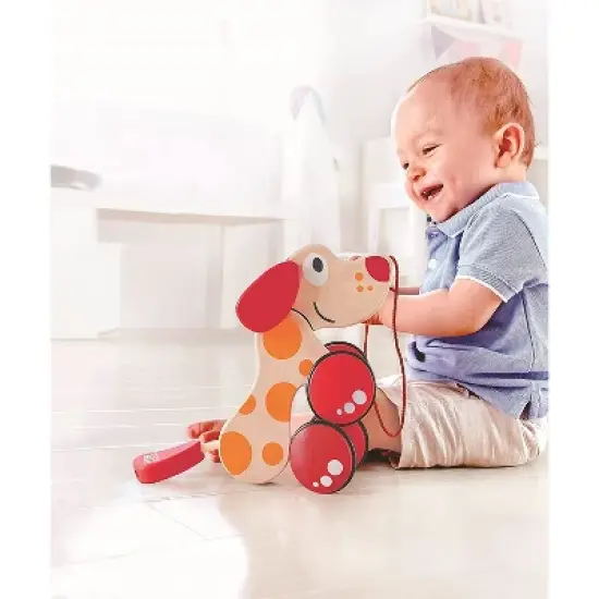 Hape Walk A Long Pepe the Puppy Wooden Push Pull Toy Can Sit, Stand, Roll, with Rubber Rimmed Wheels, for Toddlers Ages 1 and Up, Red and Orange image {3}