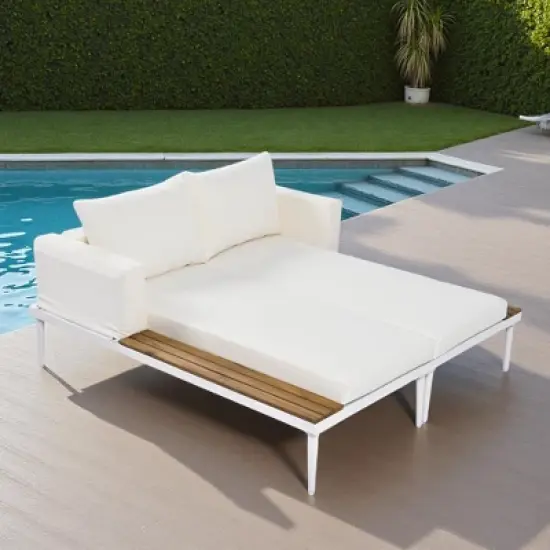 2-Piece Outdoor Patio Metal Padded Daybed with Wood Topped image {16}