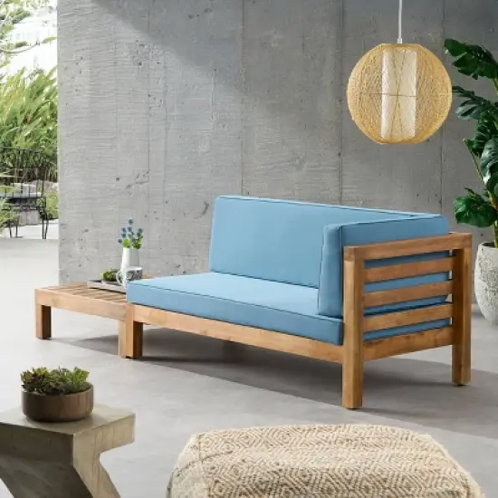 2pk Oana Outdoor Acacia Wood Right Arm Loveseat & Coffee Table with Cushion Teak/Blue - Christopher Knight Home image {3}