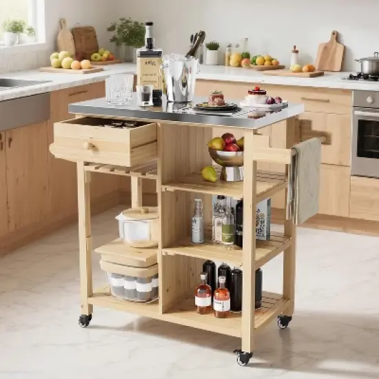 Acekool Outdoor Grill Cart, Wood Storage Cabinet with Stainless Steel Top, Lockable Wheels, Multi-Level Patio Bar Table for Kitchen & Garden image {8}