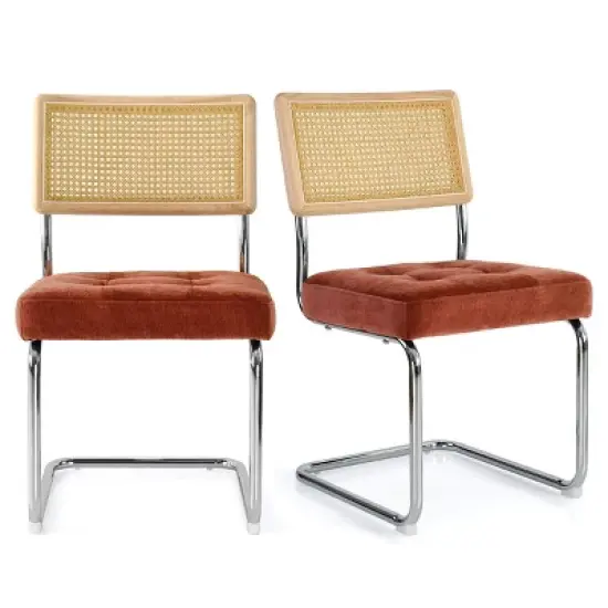 Set of 2 Kylie 20.5" Wider Flannel Upholstered Tufted Seat With Metal Chrome Legs and Woven Rattan Backrest Dining Chairs - The Pop Maison image {1}
