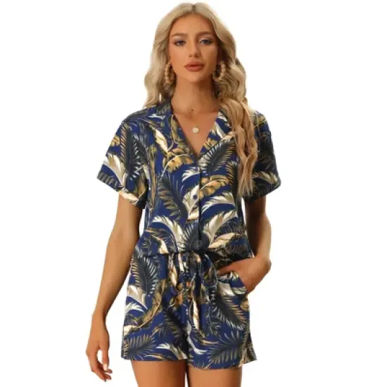 Allegra K Women's Floral Tropical Vacation Beach Hawaiian Button Down Shirt and Short Set image {5}