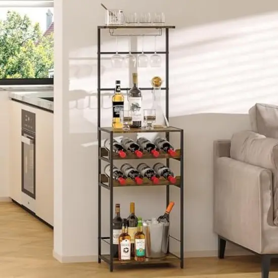 Itopfox 5-Tier Freestanding Wine Rack with Glasses Holder and 4 S Hooks, Corner Mini Bar Cabinet for Small Spaces, Holds 8 Bottles image {5}