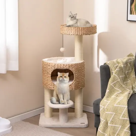 Tangkula Modern Cat Tree w/Top Perch Cattail Fluff Condo Cozy Nest Sisal Scratching Posts image {1}