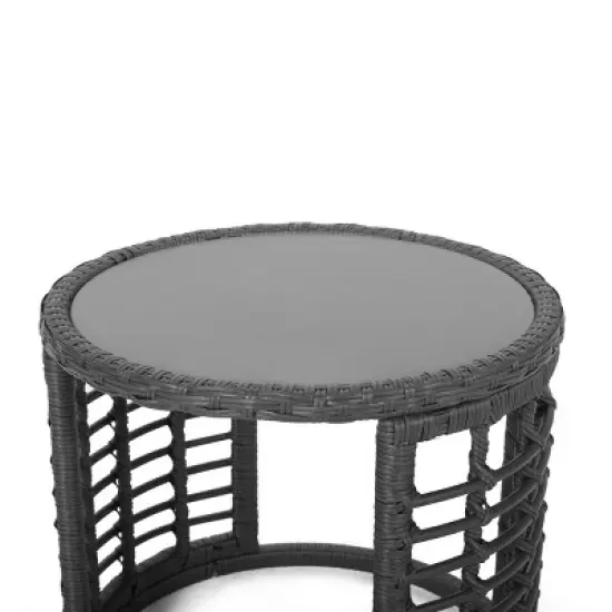 GDFStudio Achill Circular Outdoor Wicker and Tempered Glass Side Table image {6}