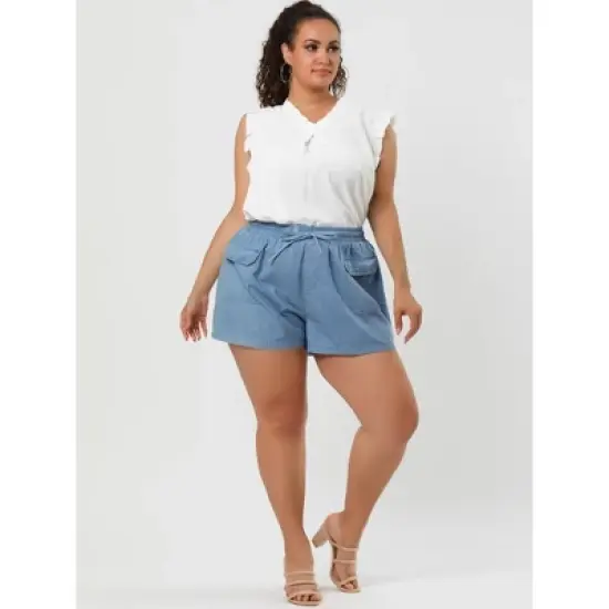 Agnes Orinda Women's Plus Size Drawstring Elastic Waist Pockets Denim Shorts image {3}