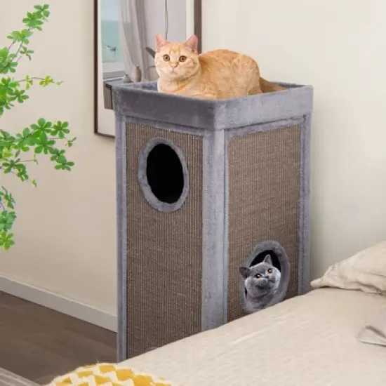 Costway 4-Story Cat House 39'' Cat Condo with Scratching Posts & 4 Soft Plush Cushions Gray/Natural image {3}