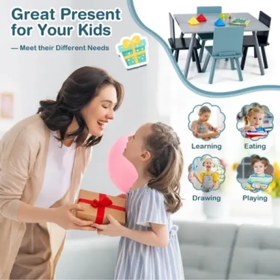 Costway 5 Piece Kids Wooden Activity Table and 4 Chairs Play Set Gift w/ Building Blocks image {7}