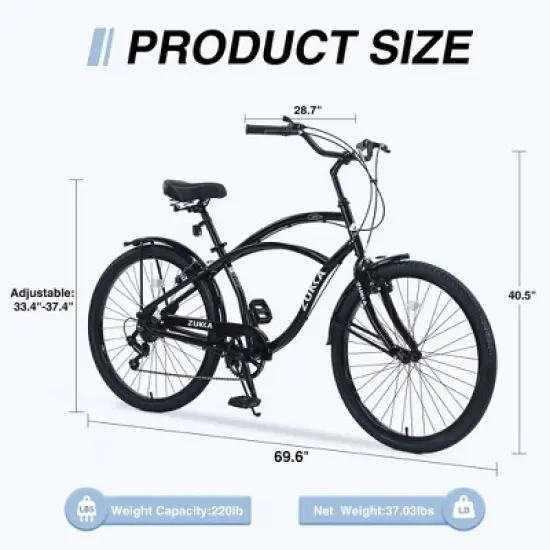 NAYSAYE Bicycle 26 Inch Beach Cruiser Bike 7 Speed Steel Frame for Relaxed Outdoor Riding, Black, 69.96"*28.32"*43.2" image {4}