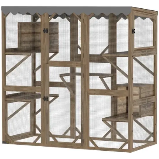 PawHut Catio Outdoor Cat Enclosure, Wooden Cat House with Window Access, 5 Platforms and 2 Resting Boxes, Waterproof Roof for Multiple Cats, Brown image {3}