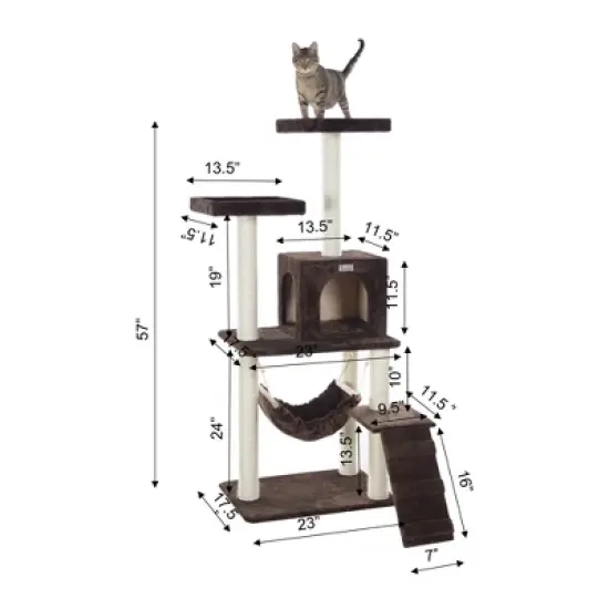 GleePet GP78570923  57-Inch Real Wood Cat Tree In Coffee Brown With Four Levels, Ramp, Hammock And Condo image {8}
