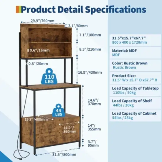 5-Tier Bakers Rack with Power Outlet, 67.7'' Microwave Stand with Storage Cabinet & Open Shelves image {1}