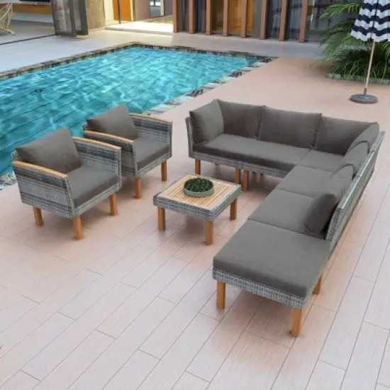 Outdoor Patio Rattan Sectional Sofa With Wooden Legs Tabletop, Upholstered Patio Sofa Set, All Weather Wicker Rattan Furniture, Gray image {6}