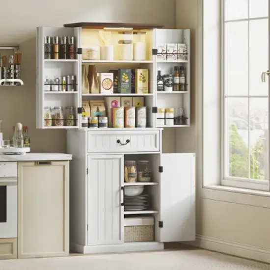 HOMCOM 71" LED Kitchen Pantry Cabinet, Farmhouse Storage Cabinet with Door Shelves, Adjustable Shelves and Drawer, Distressed White image {1}