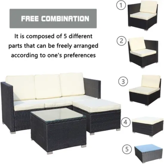 FIONECA 5-Piece Outdoor Patio Furniture Set, PE Rattan Wicker Sofa Set with Beige Cushions & Coffee Table for Garden/Backyard image {5}