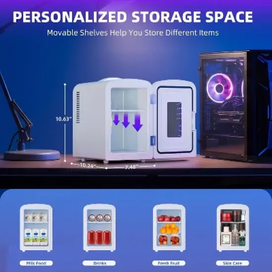 ZAFRO Mini Compact Refrigerator with Gaming Light, 4L Capacity/6 Cans Portable Mini Fridge, for Bedroom,Car,Office and Dorm, White image {1}