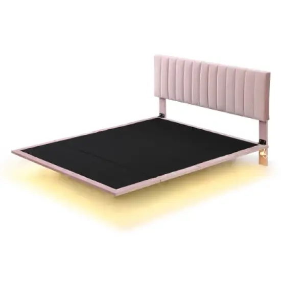 Floating Queen Platform Bed Frame, Headboard Velvet, No Box Spring Needed Upholstered Queen Bed Frame for Bedroom image {5}